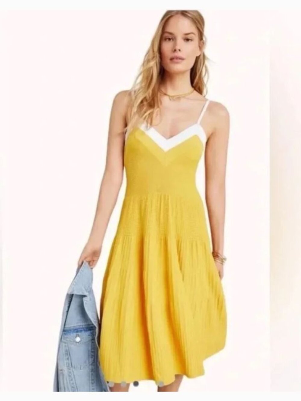Eva Franco Jolie Pleated Knit Tiered Dress Yellow Sleeveless Midi Fit Flare Sz M